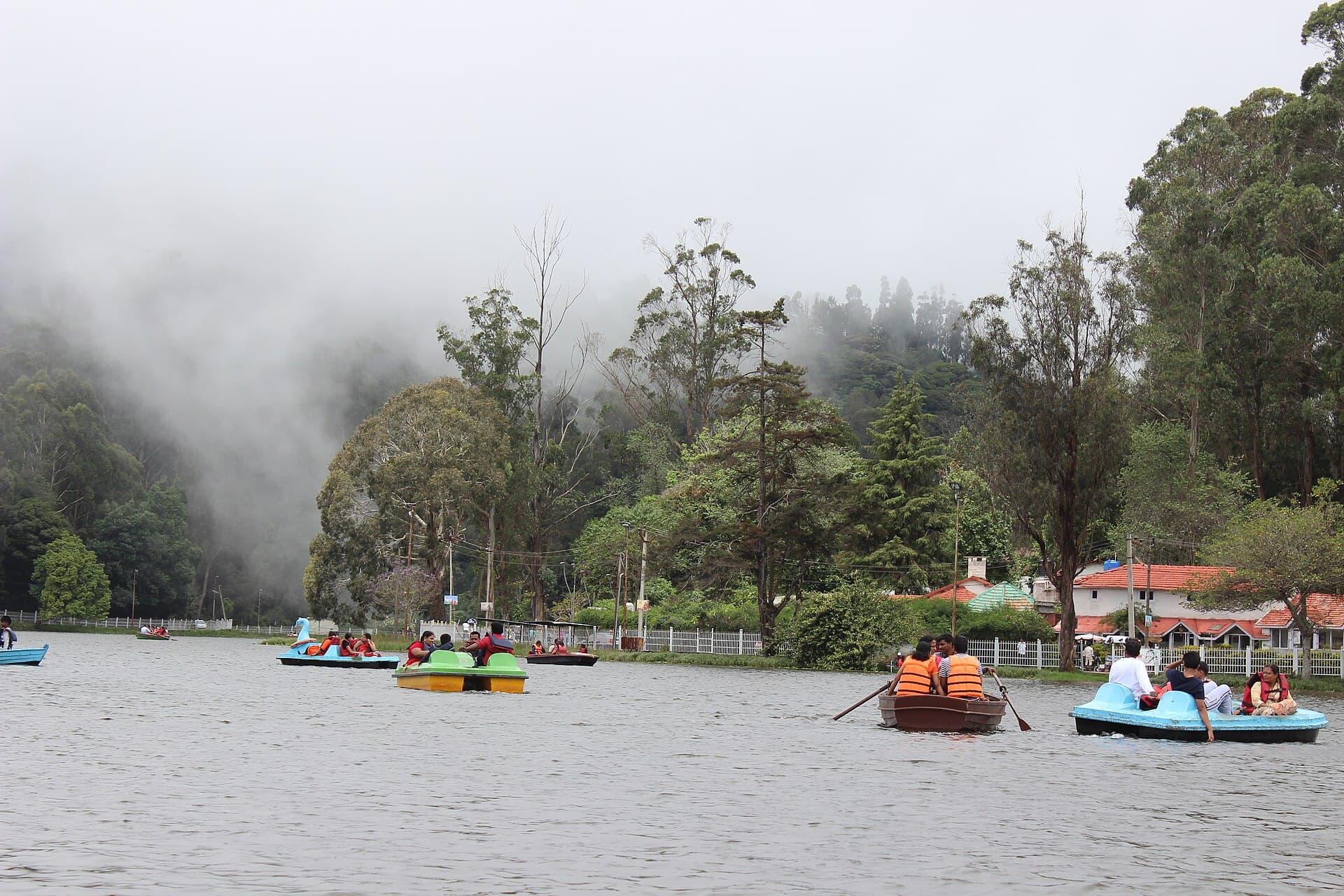Boats on Kodaikanal Lake in the mist