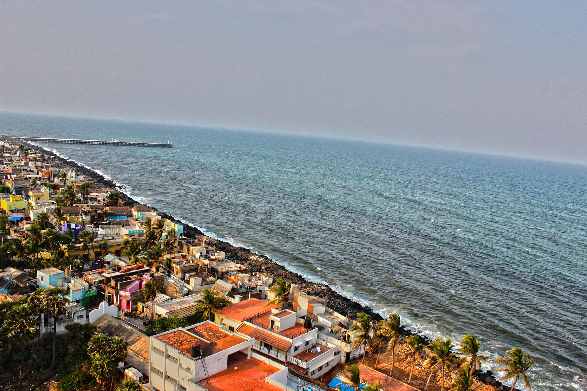Aerial view of Pondicherry’s rocky seafront and promenade