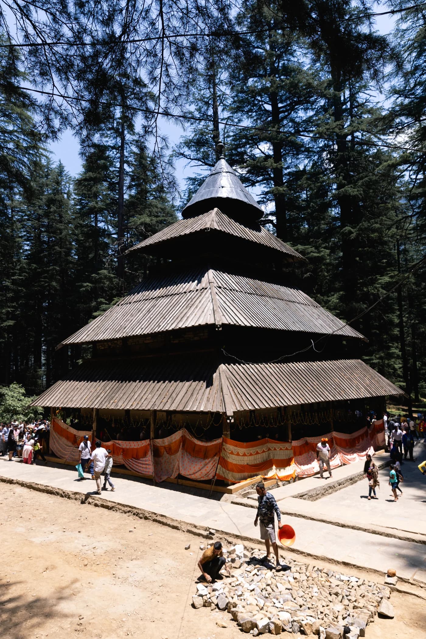 Wooden Hadimba Devi Temple surrounded by cedar trees in Manali