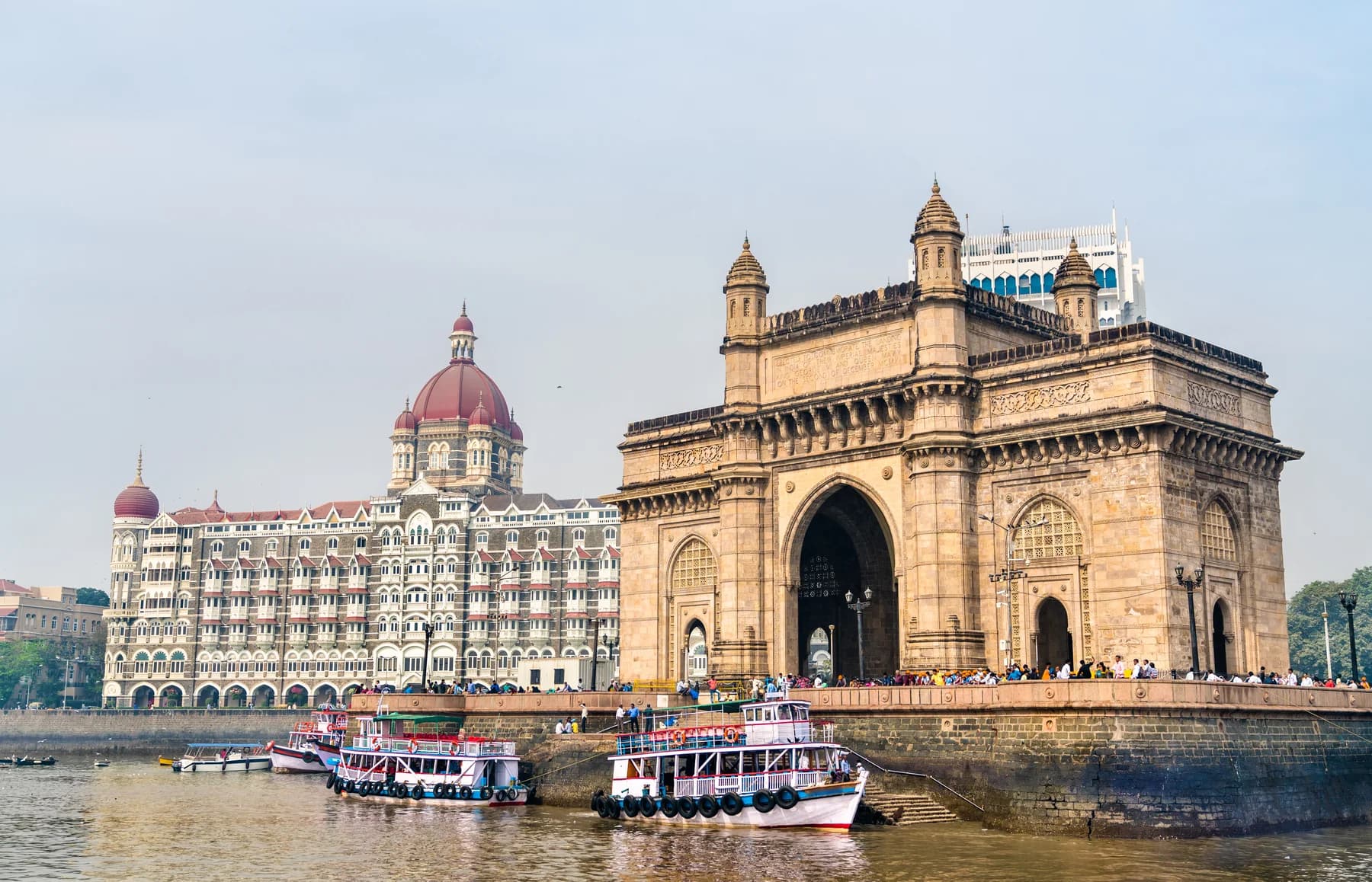 The Gateway of India and Taj Mahal Palace as seen from the Arabian Sea Mumbai Maharashtra India